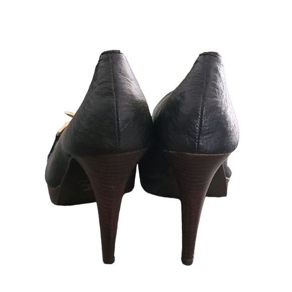 BOSTON PROPER Horsebit Peeptoe Platform Stilettos 8 Heels Leather Gold Buckles - Picture 5 of 15